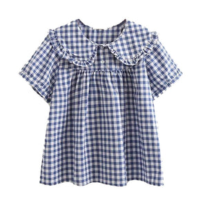 Women Plaid Shirt Long Sleeve Spring Summer Tops Ladies Japanese Mori Girl Peter pan Collar Cute Baby doll Cotton White Blouses