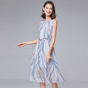 2020 new women&#39;s middle school long sleeveless fungus edge waist drawstring stripe elegant Fairy Dress