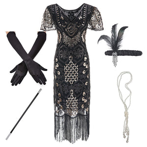 1920s Flapper Roaring Plus  Size 20s Great Gatsby Fringed Sequin Beaded Dress and Embellished Art Deco Dress Accessories XXXL