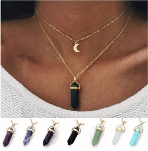 Chakra Necklace Hexagon Column Fashion Moon Crescent Bullet Pendulum Pendant Necklace