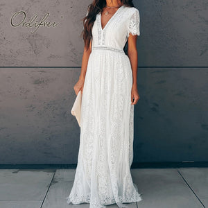 Ordifree 2022 Summer Vintage Women Maxi Party Dress Short Sleeve White Lace Long Tunic Beach Dress Vocation Holiday Clothes