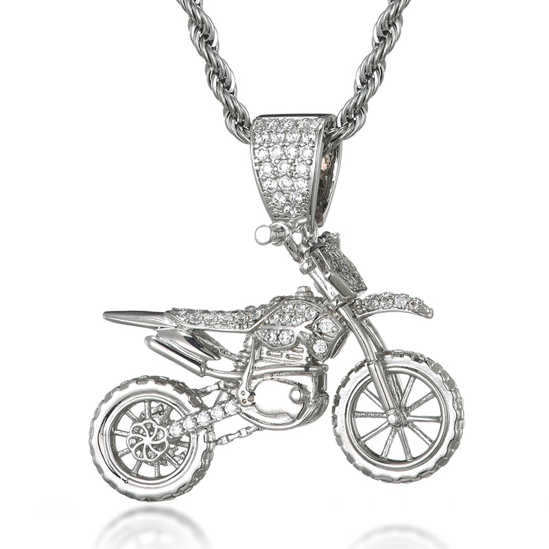 HIP Hop Full AAA Iced Out Bling CZ Cubic Zircon Copper Motorcycle Pendants & Necklaces For Men Jewelry With Tennis Chain