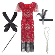 Load image into Gallery viewer, 1920s Flapper Roaring Plus  Size 20s Great Gatsby Fringed Sequin Beaded Dress and Embellished Art Deco Dress Accessories XXXL
