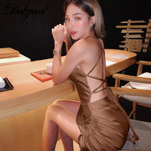 Load image into Gallery viewer, Dulzura Satin Women Strap Mini Dress Ruched Lace Up Cross Bandage Backless Bodycon Sexy Party Elegant 2023 Club Christmas Slim
