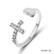Load image into Gallery viewer, 1PC Silver Color Alloy Rhinestone Cross Ring Geometric Heart Adjustable Opening Rings For Women Fashion Jewelry Gift
