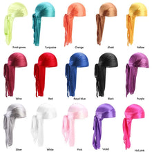 Load image into Gallery viewer, Long Tail Silk Scarf Muslim Turban Doo Rag Pirate Hat Durag Chemo Caps Skull Hat Headwear 18 Colors To Choose From
