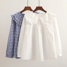 Load image into Gallery viewer, Women Plaid Shirt Long Sleeve Spring Summer Tops Ladies Japanese Mori Girl Peter pan Collar Cute Baby doll Cotton White Blouses
