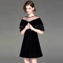 Load image into Gallery viewer, Autumn new women beaded mesh round neck velvet dress ostrich feather lotus leaf sleeve dresses
