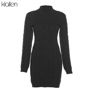 KLALIEN Simple Solid Long Sleeve Turtleneck Sweater Dress Autumn New Women Warm Streetwear Slim Stretch Mini Bodycon Dresses