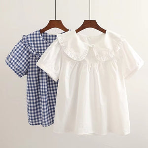 Women Plaid Shirt Long Sleeve Spring Summer Tops Ladies Japanese Mori Girl Peter pan Collar Cute Baby doll Cotton White Blouses