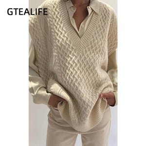 Gtealife Women Vest Simple All-match Style V-neck Knitted Sweater Leisure Student Sleeveless Female Vintage sweater waistcoat