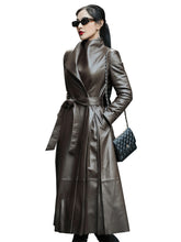 Load image into Gallery viewer, Nerazzurri Autumn Long Brown Black Soft Faux Leather Trench Coat for Women Belt Skirted Elegant Luxury Fashion 5xl 6xl 7xl 2022
