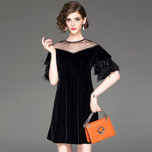 Load image into Gallery viewer, Autumn new women beaded mesh round neck velvet dress ostrich feather lotus leaf sleeve dresses
