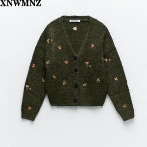 XNWMNZ women Vintage knit cardigan with embroidery Long sleeves V-neck Cardigan Female Elegant sweater autumn coat women 2022