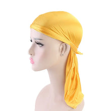 Load image into Gallery viewer, Long Tail Silk Scarf Muslim Turban Doo Rag Pirate Hat Durag Chemo Caps Skull Hat Headwear 18 Colors To Choose From
