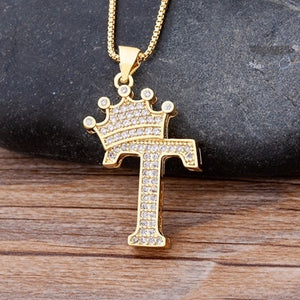 Nidin New Luxury Copper Zircon A-Z Crown Alphabet Pendant Chain Necklace Hip-Hop Style Fashion Woman Man Initial Name Jewelry