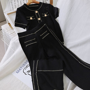 Autumn 2022 White/Black Knitted Women Two Piece Set Elegant Short Sleeve O-neck Casual Tops Shirts And Loose Pants 2 Piece Set