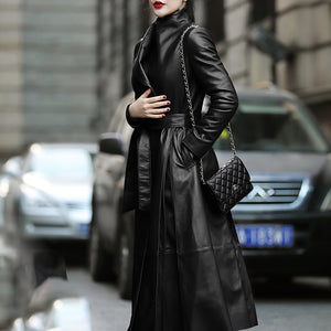 Nerazzurri Autumn Long Brown Black Soft Faux Leather Trench Coat for Women Belt Skirted Elegant Luxury Fashion 5xl 6xl 7xl 2022