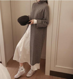 2021 Korean Style Turtleneck Long fall winter Sweater Dress Side split Female Pullover mujer sueteres