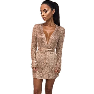 Women Sexy Dress Knitted Sweater Dress Silver Gold Club Party Bodycon Dress Deep V-neck Long Sleeve Cardigan Robe with Belt 2018