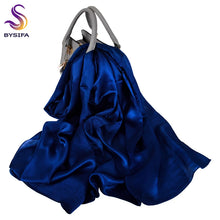 Load image into Gallery viewer, BYSIFA|Dark Blue 100% Silk Scarf Shawl Fall Winter Long Scarves Hijabs 180*70cm Spring Fall Brand Luxury Natural Silk Neck Scarf
