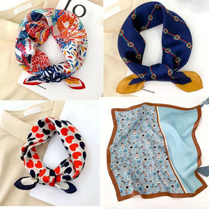 100% Pure Silk Scarf Women Neck Hair Band Foulard Square Small Headband 2024 Fashion Print Neckerchief Scarves Bandana 53*53cm