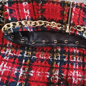 Red Plaid Tweed Skirt Spring Autumn 2021 New Chain Tassel New Designer Gold Lion Button Pencil Mini Women&#39;s Skirt High Quality