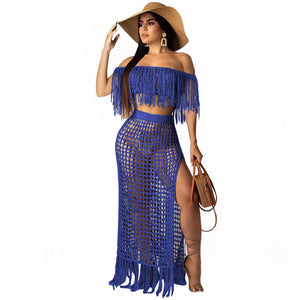 RT Sexy Knitted Women Set Two Pieces Set Slash Neck Cover Ups Slit Tassel Skirt 2 Pieces Set Hollow Out Beach Crocheted Suit