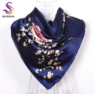 [BYSIFA] Navy Blue Chinese Roses Large Square Scarves New Female Elegant Large Silk Scarf Fashion Ladies Accessories 90*90cm