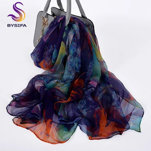 [BYSIFA] Ladies Silk Scarf Shawl New Long Scarves Fashion Brand Scarves Elegant Purple Blue Neck Scarf Beach Shawl Cover-ups