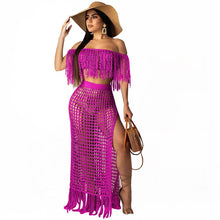 Load image into Gallery viewer, RT Sexy Knitted Women Set Two Pieces Set Slash Neck Cover Ups Slit Tassel Skirt 2 Pieces Set Hollow Out Beach Crocheted Suit
