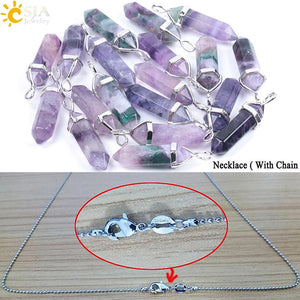 CSJA Fluorite Necklaces Crystal Pendants Suspension Natural Gem Stone Quartz Bullet Hexagonal Pendulum Reiki Chakra pendulo E546