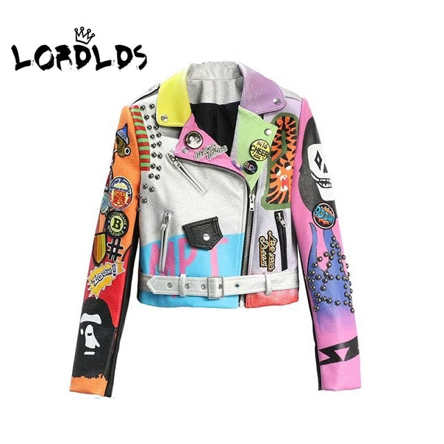 LORDLDS Cropped Leather Jackets Women Hip hop Colorful Studded Coat New Spring Ladies Motorcycle Punk Cropped Jacket with belt