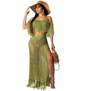 RT Sexy Knitted Women Set Two Pieces Set Slash Neck Cover Ups Slit Tassel Skirt 2 Pieces Set Hollow Out Beach Crocheted Suit