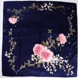 [BYSIFA] Navy Blue Chinese Roses Large Square Scarves New Female Elegant Large Silk Scarf Fashion Ladies Accessories 90*90cm