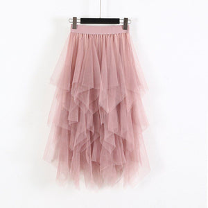 Fashion 2022 Spring Party Skirt Elastic High Waist Long Tulle Skirt Women Irregular Hem Mesh Tutu Skirt Ladies