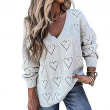 Load image into Gallery viewer, Women Autumn Winter Love Heart Hollow Crochet Sweater Loose V Neck Long Sleeve Casual Knitwear Jumper Rose Red/Pink/Khaki/White
