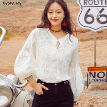 Load image into Gallery viewer, GypsyLady Silk White Embroidery Blouse Shirt 2 Piece Set Lace Sheer Blouse Women Long Lantern Sleeve Sexy Chic Holiday Top Shirt
