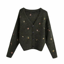 Load image into Gallery viewer, XNWMNZ women Vintage knit cardigan with embroidery Long sleeves V-neck Cardigan Female Elegant sweater autumn coat women 2022
