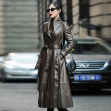 Load image into Gallery viewer, Nerazzurri Autumn Long Brown Black Soft Faux Leather Trench Coat for Women Belt Skirted Elegant Luxury Fashion 5xl 6xl 7xl 2022
