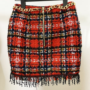 Red Plaid Tweed Skirt Spring Autumn 2021 New Chain Tassel New Designer Gold Lion Button Pencil Mini Women&#39;s Skirt High Quality