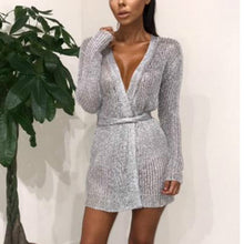Load image into Gallery viewer, Women Sexy Dress Knitted Sweater Dress Silver Gold Club Party Bodycon Dress Deep V-neck Long Sleeve Cardigan Robe with Belt 2018
