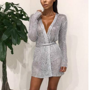 Women Sexy Dress Knitted Sweater Dress Silver Gold Club Party Bodycon Dress Deep V-neck Long Sleeve Cardigan Robe with Belt 2018