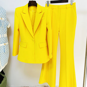HIGH QUALITY Newest 2023 Runway Designer Suit Set Women&#39;s Single Button Blazer Flare Pants Suit Fluorescent Purple