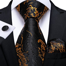 Load image into Gallery viewer, Luxury Black Gold Paisley Silk Ties For Men 8cm Men&#39;s Wedding Neck Tie Pocket Square Cufflinks Set Collar Pin Men&#39;s Gift
