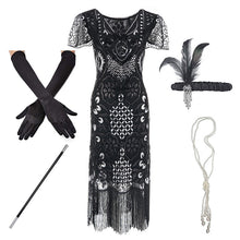 Load image into Gallery viewer, 1920s Flapper Roaring Plus  Size 20s Great Gatsby Fringed Sequin Beaded Dress and Embellished Art Deco Dress Accessories XXXL
