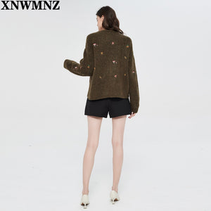 XNWMNZ women Vintage knit cardigan with embroidery Long sleeves V-neck Cardigan Female Elegant sweater autumn coat women 2022