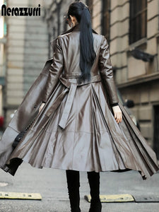 Nerazzurri Autumn Long Brown Black Soft Faux Leather Trench Coat for Women Belt Skirted Elegant Luxury Fashion 5xl 6xl 7xl 2022