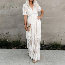 Load image into Gallery viewer, Ordifree 2022 Summer Boho Women Maxi Dress Loose Embroidery White Lace Long Tunic Beach Dress Vacation Holiday Clothes

