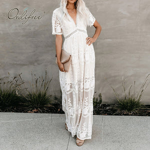 Ordifree 2022 Summer Boho Women Maxi Dress Loose Embroidery White Lace Long Tunic Beach Dress Vacation Holiday Clothes